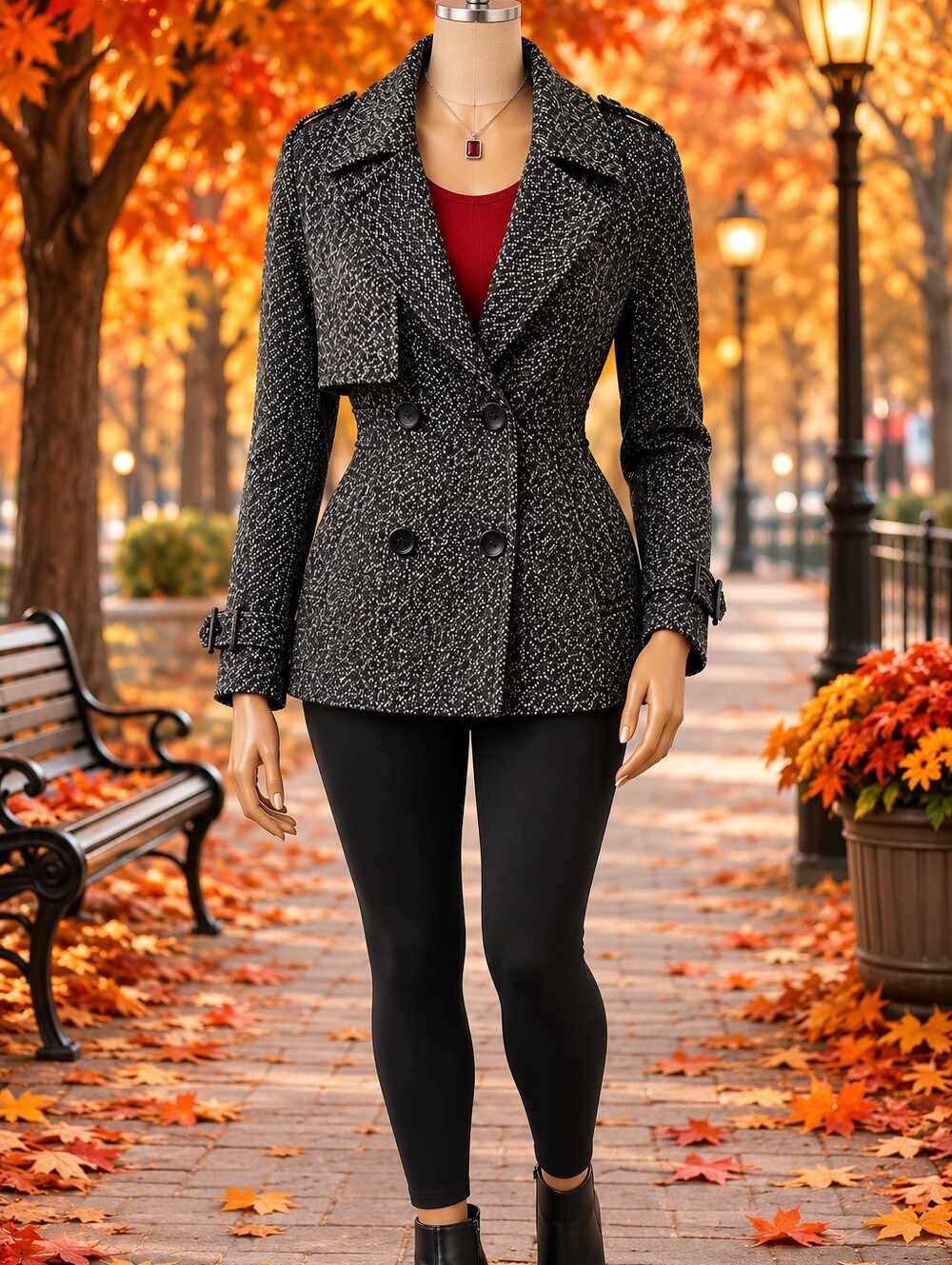 BCBG Classic Black Tweed Double-Breasted Peacoat Jacket